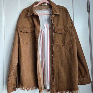 Zeagoo Brown Jean Shacket/Stripped Lace Tank